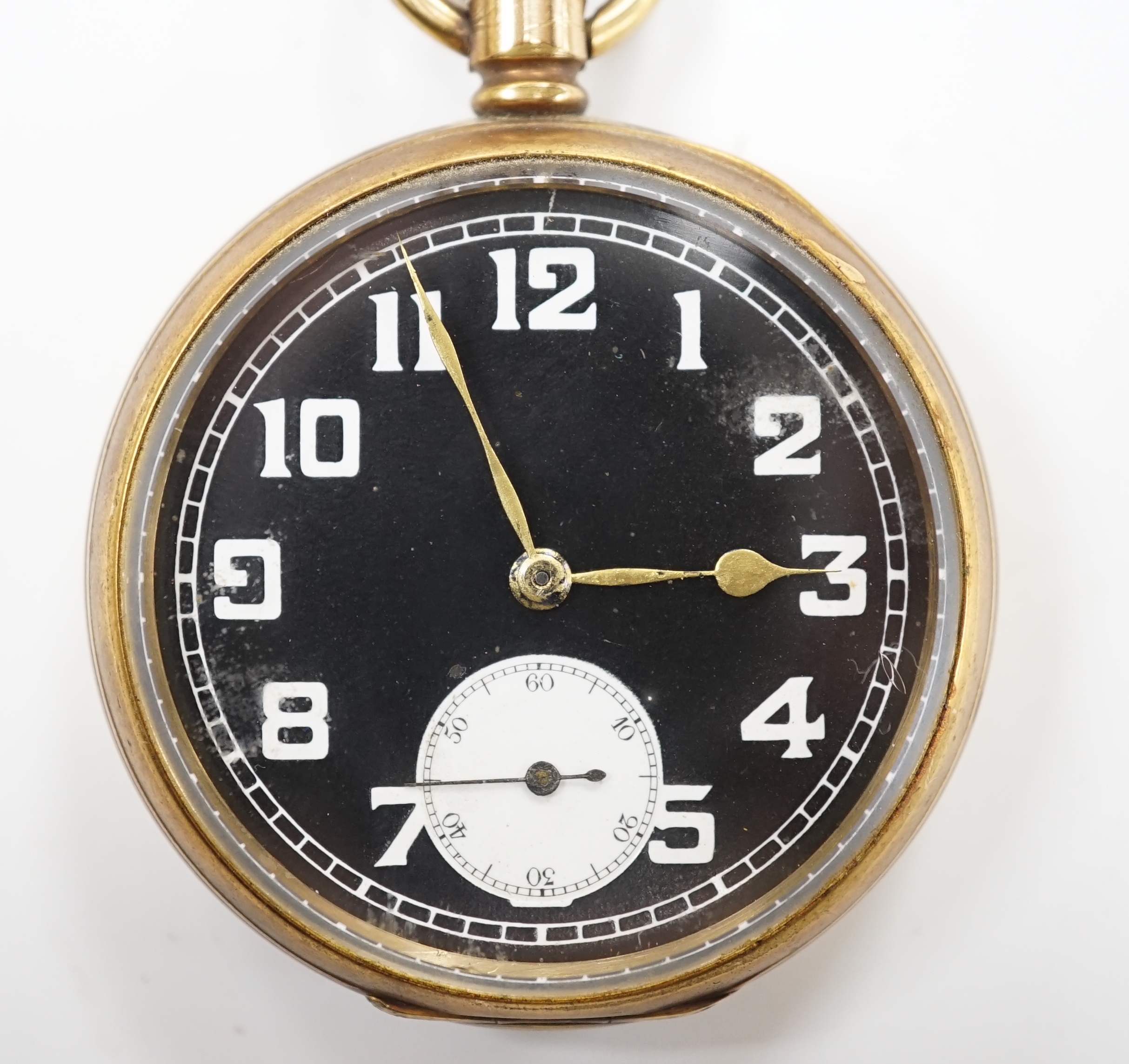 A gold plated Rolex open face keyless pocket watch, with black dial and white Arabic numerals, case diameter 50mm.